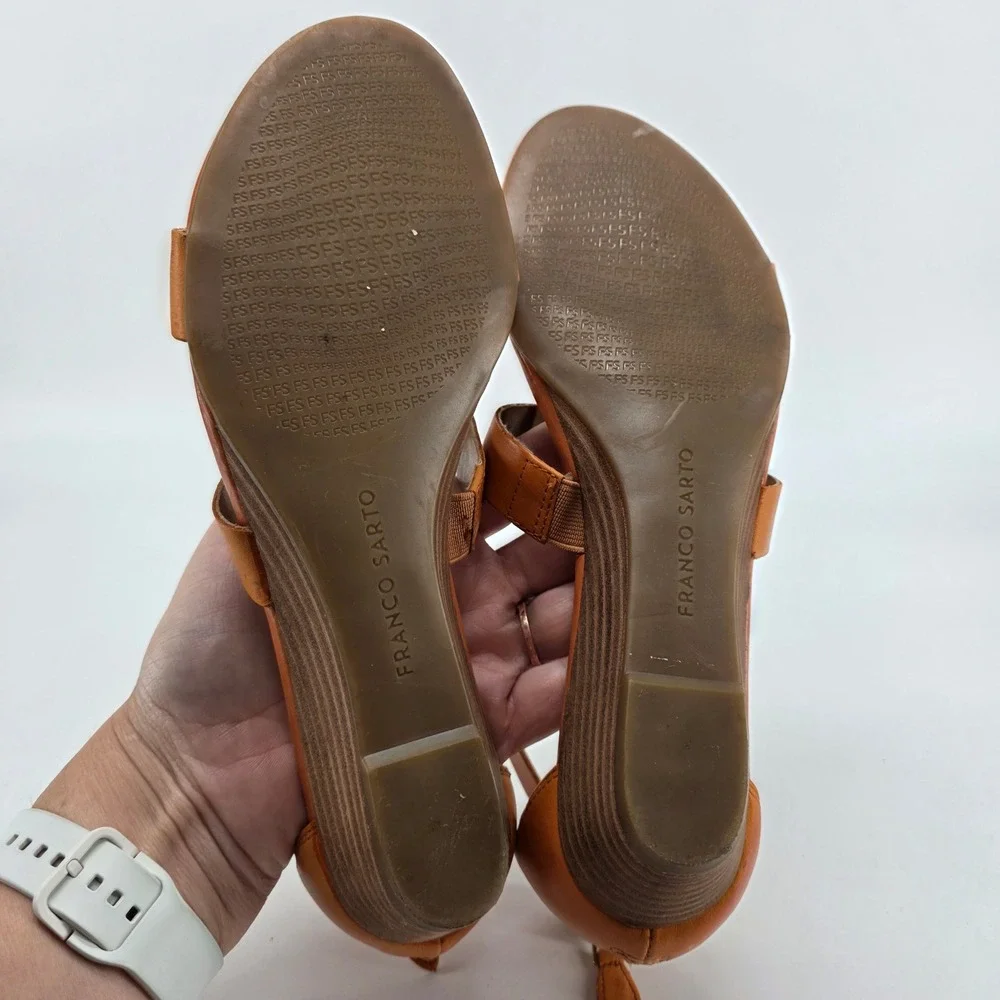 Franco Sarto Wedge Sandals Utility 7 M Cognac Tan Leather Low Heel Shoes Boho